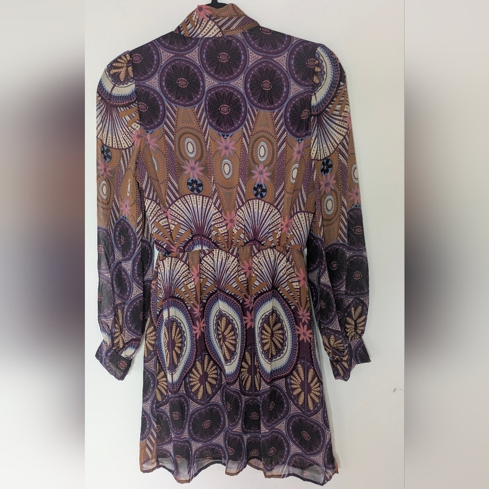 Pink Owl Boho Retro Sheer Dress Purple Geometric Print Tie Neck Bow Size s - Picture 4 of 8
